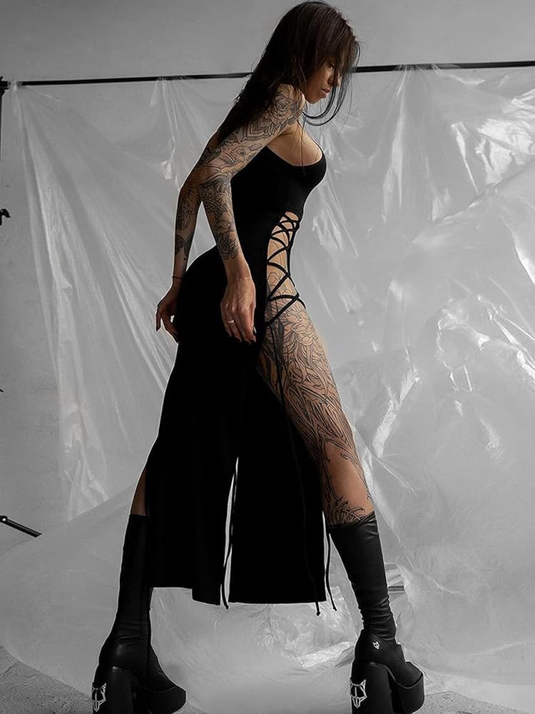 JET BLACK sexy cool dress✖︎GOLD★ Women's Sexy Glitter Spaghetti Strap Bodycon Lace Up